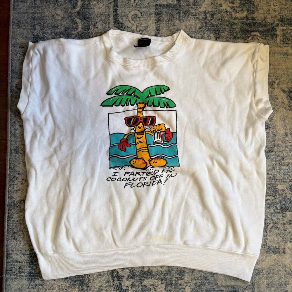 Vintage 90s Florida Palm Tree Graphic Sleeveless Sweatshirt White